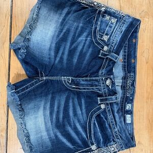 Miss Me Dark Blue Jean Shorts (Mid Rise)